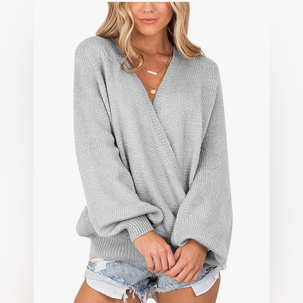 LookbookStore Women's Knit Long Sleeve Faux Wrap Surplice V Neck Sweater Top S